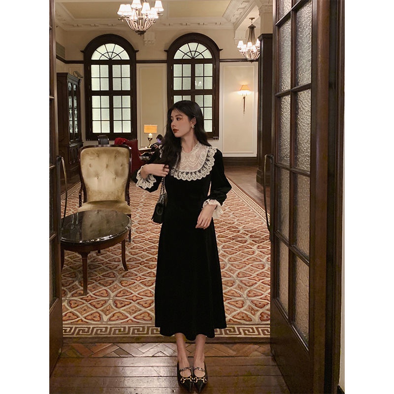 [F &amp; X Selection] Đầm Nhung Đen Ghép Vải Ren Dáng Dài Kiểu Pháp Thời Trang Thu Đông Mới Cho Nữ