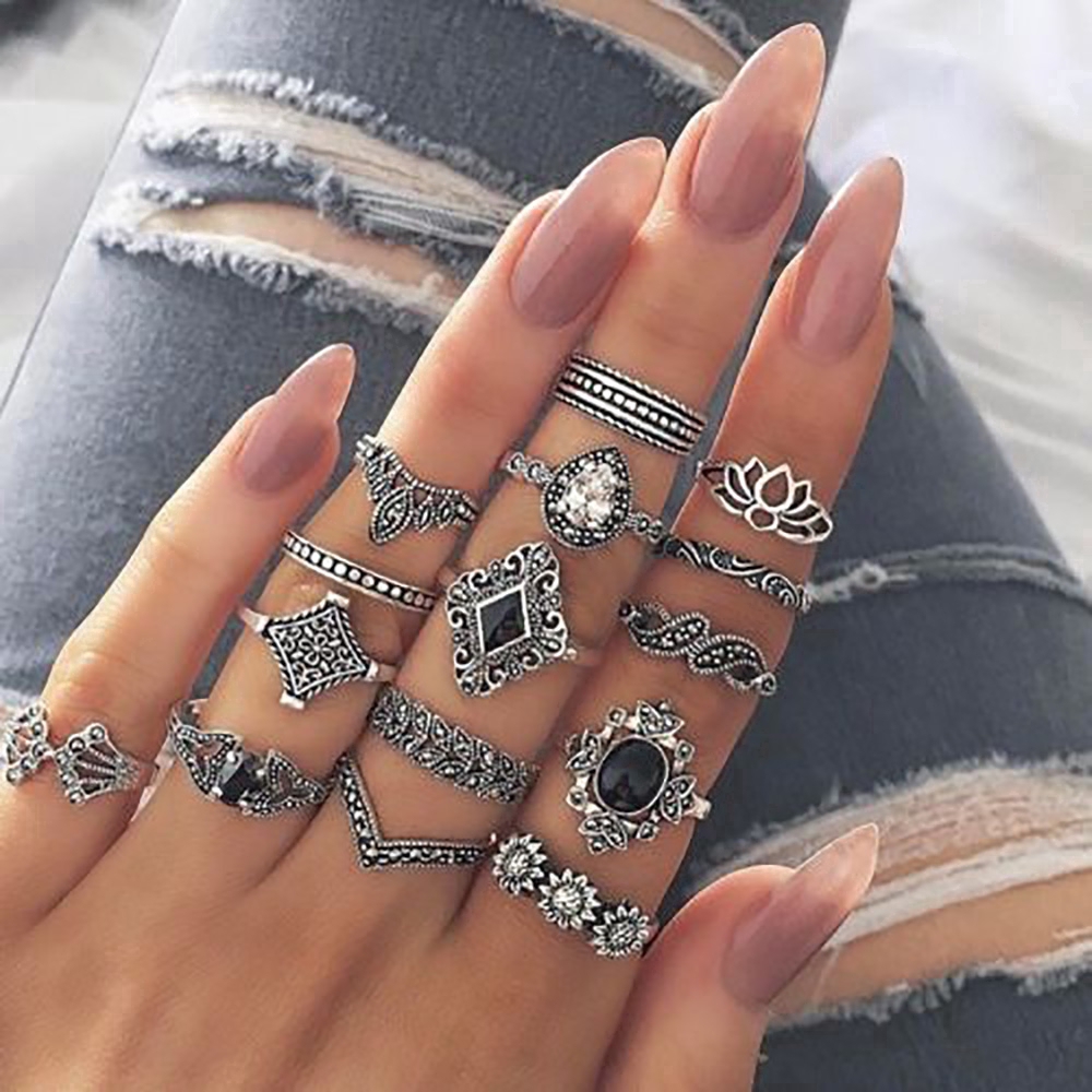 Set 15 nhẫn đeo ngón tay midi phong cách boho cổ điển