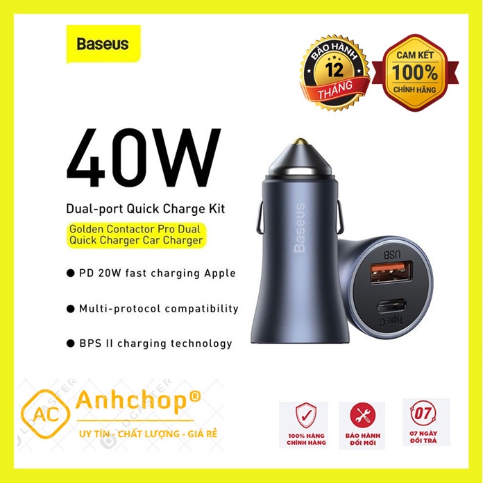 Tẩu sạc nhanh 2 cổng Type C+USB 40W/PD20/QC3.0 Baseus Contactor Pro sạc nhanh cho ĐT táo 12 Xiaomi OPPO Vivo