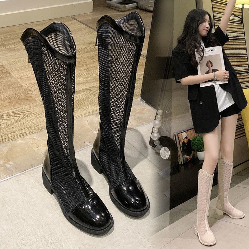 Giày bốt lưới mỏng cổ cao phối khóa kéo phía sau thoáng khí thời trang mùa hè cho nữ