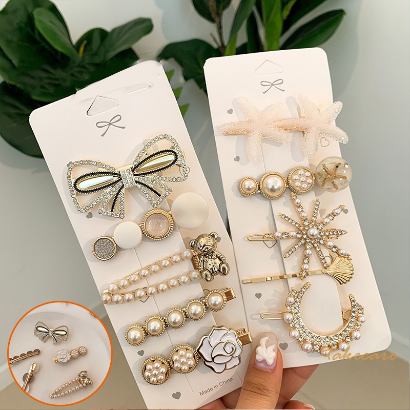 Set 5 kẹp tóc đính hạt kim loại phong cách vintage ngọt ngào cho nữ