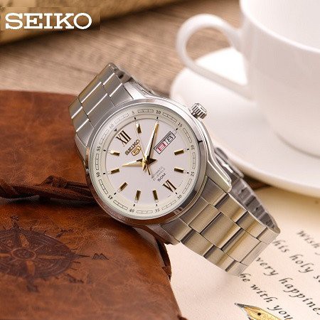 Đồng hồ Nam chính hãng Seiko 5 Automatic SNKP15J1/SNKP15K1 Size 42mm,Mặt trắng,Lịch-Máy cơ tự động-Dây kim loại cao cấp