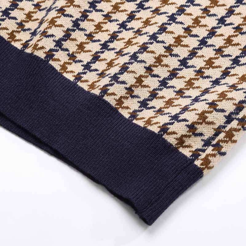 Áo Thun Dệt Kim Ngắn Tay Cổ Tròn Dáng Ôm Họa Tiết Caro Retro Cho Nữ