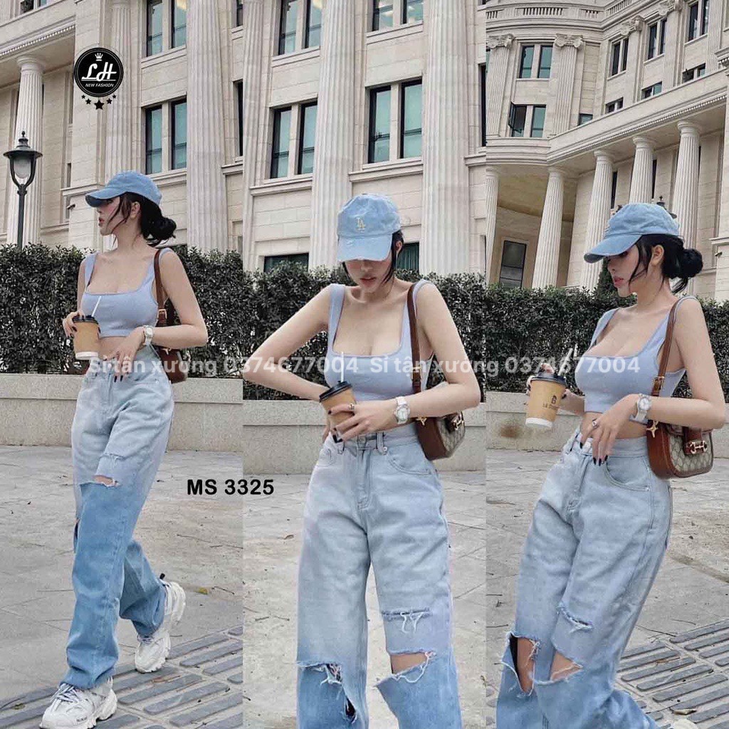 Quần bò ống rộng nữ cạp cao rách đùi, quần jean suông loang màu phong cách hiện đại 9612