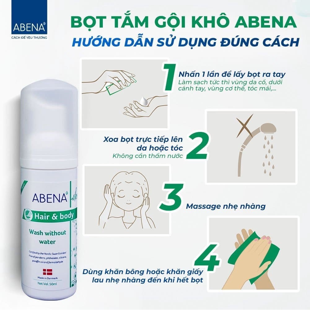 Dầu gội, tắm khô với hương thơm nhẹ Abena Hair and Body Wash giúp làm sạch tiện lợi khi đi du lịch, phượt, người bệnh