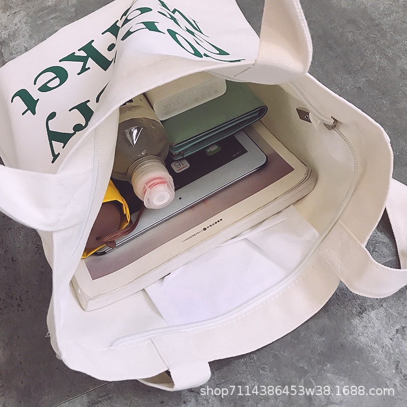 Túi Tote Vải Canvas Nữ phong cách Ulzzang In chữ LONDON Có Khóa Kéo chất liệu dày dặn