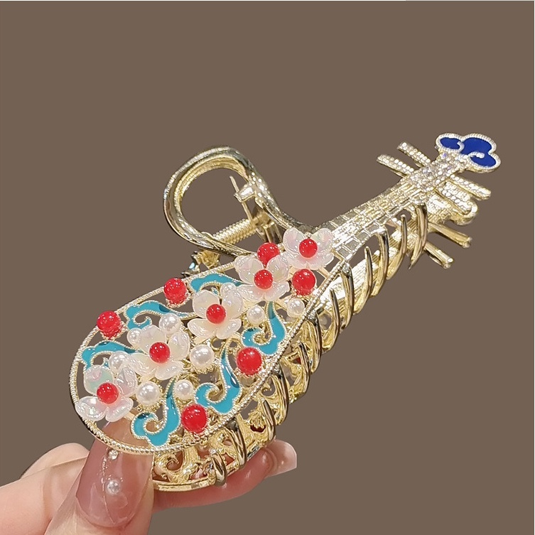 Haimeikang Kẹp tóc cỡ lớn hình đàn ti bà đính đá và ngọc trai giả thời trang cao cấp cho nữ