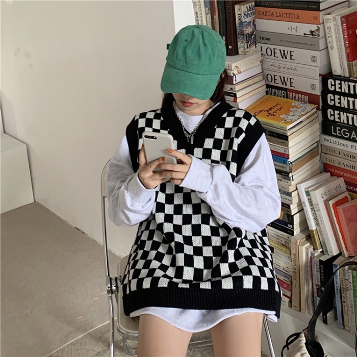 Áo dệt kim không tay cổ chữ V dáng rộng họa tiết sọc caro thời trang dành cho nữ