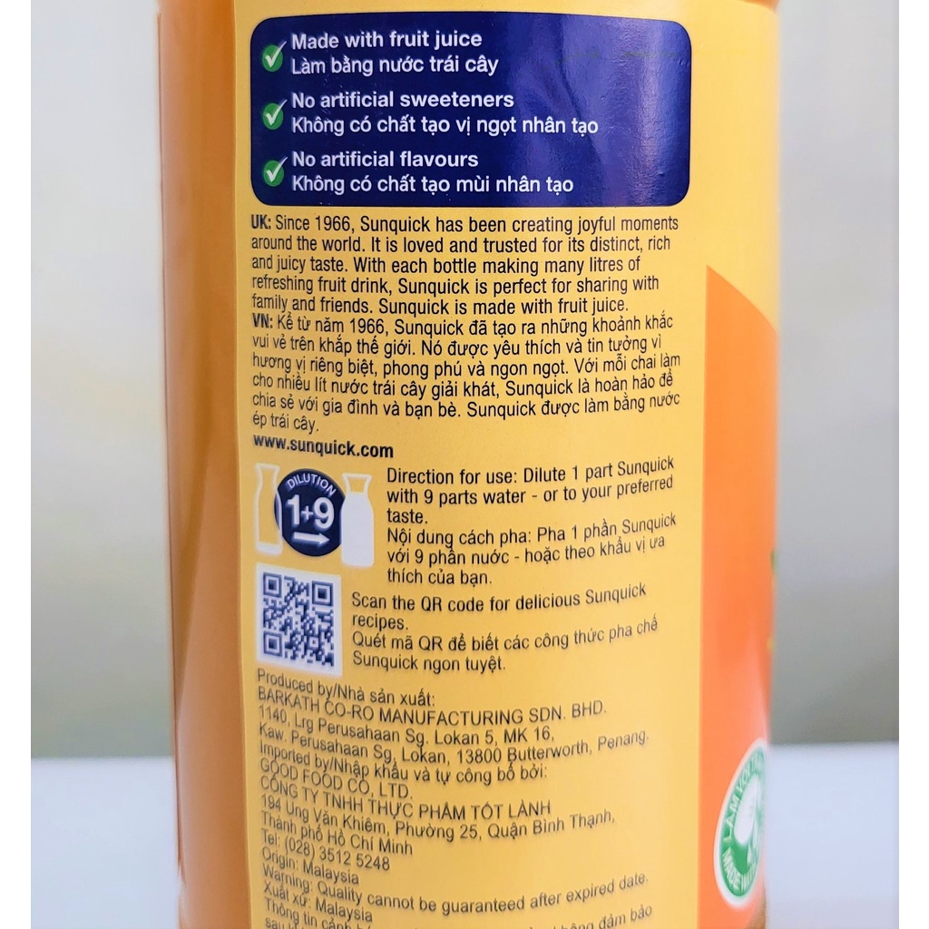 NƯỚC ÉP TRÁI CÂY CÔ ĐẶC  SUNQUICK Orange Fruity and Refreshing