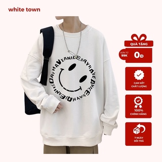 Áo Sweater Form Rộng Oversezi In Theo Phong Cách Hàn Quốc Năng Động Cho nam nữ mặt cười nghiêng