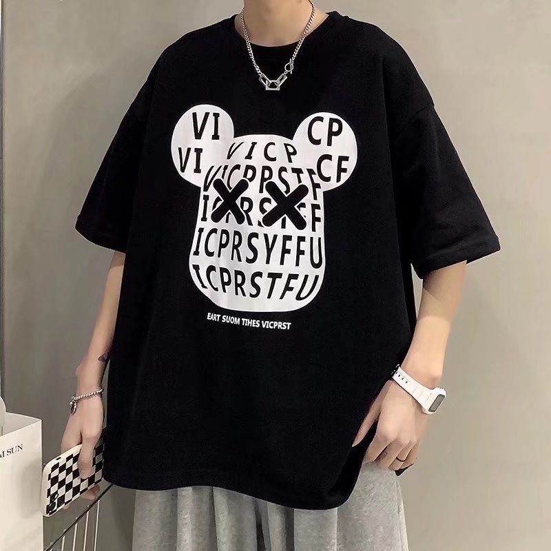 Áo Thun Tay Ngắn Cổ Tròn Dáng Rộng In Hình Gấu Phong Cách Hồng Kông Thời Trang Mùa Hè Dễ Phối Đồ Cho Nam M-3XL