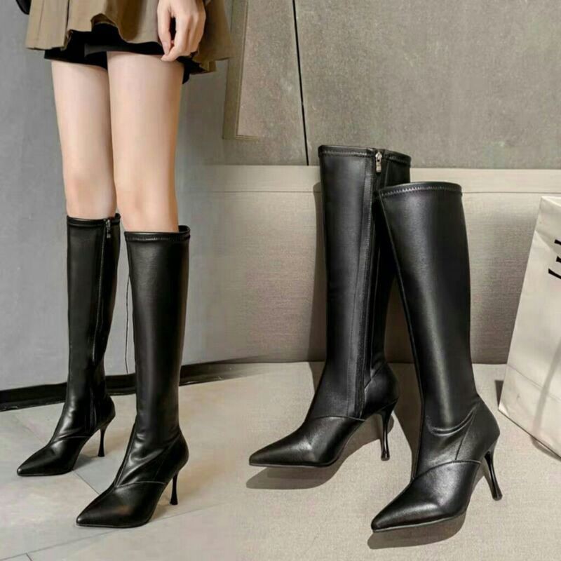 Boots da bóng mềm mịn cổ cao đến đầu gối mõm nhọn có khóa kéo (tặng bạc)hàng quảng châu cao cấp