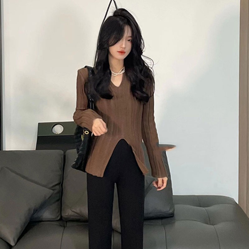 Áo sweater Dệt Kim Cổ Chữ v Xẻ Tà Dáng Ôm Phong Cách Hàn Quốc Thời Trang Mùa Thu Cho Nữ