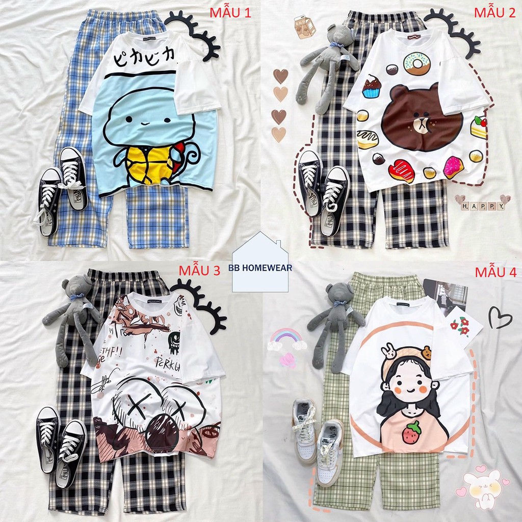 Sét Bộ Áo In Hình Cute Và Quần Kẻ Đẹp Mặc Mùa Hè, Mặc Ở Nhà, Áo Phông Cotton Mát Mịn Phong Cách Hàn Quốc
