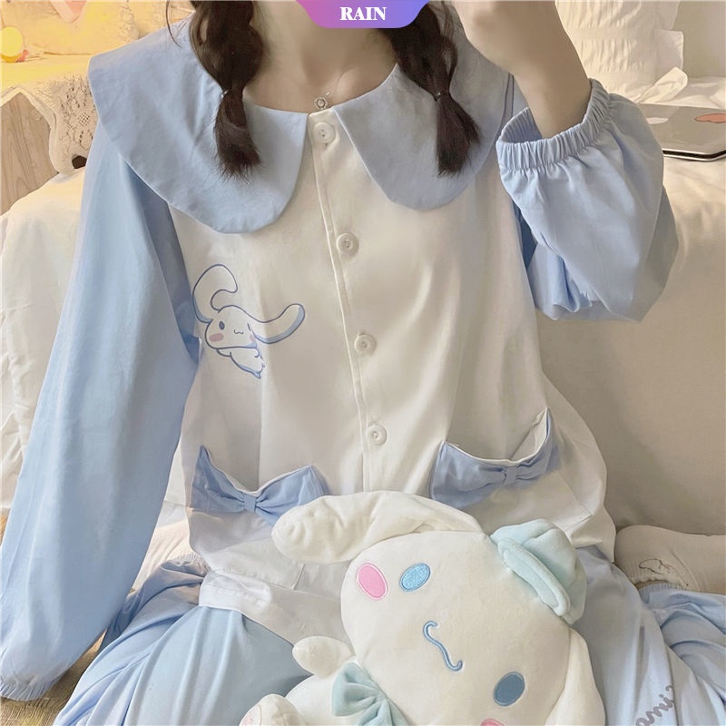 Bộ Đồ Ngủ Tay Dài Cổ Búp Bê Mỏng Nhẹ In Họa Tiết Hoạt Hình Phong Cách Nhật Bản Dễ Thương Cho Nữ