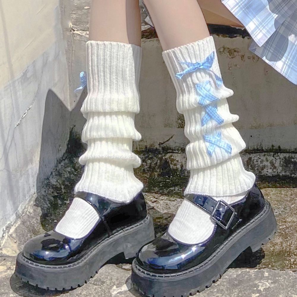 Tất ống chân dệt kim phối nơ giữ ấm phong cách lolita xinh xắn dễ thương