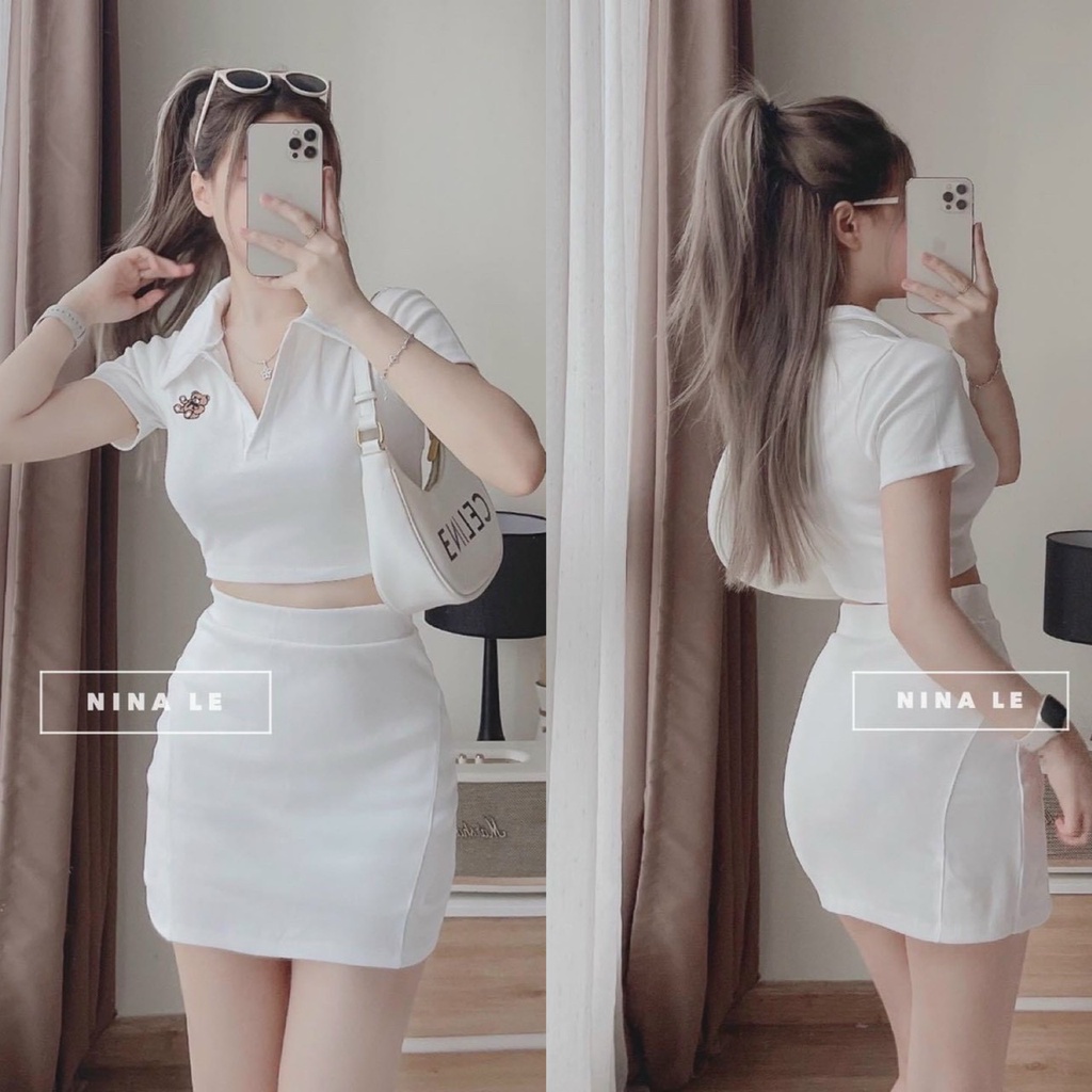 Sét áo cổ trụ thêu gấu phối chân váy ( có lót ) thời trang nữ năng động trẻ trung có 2 màu y hình