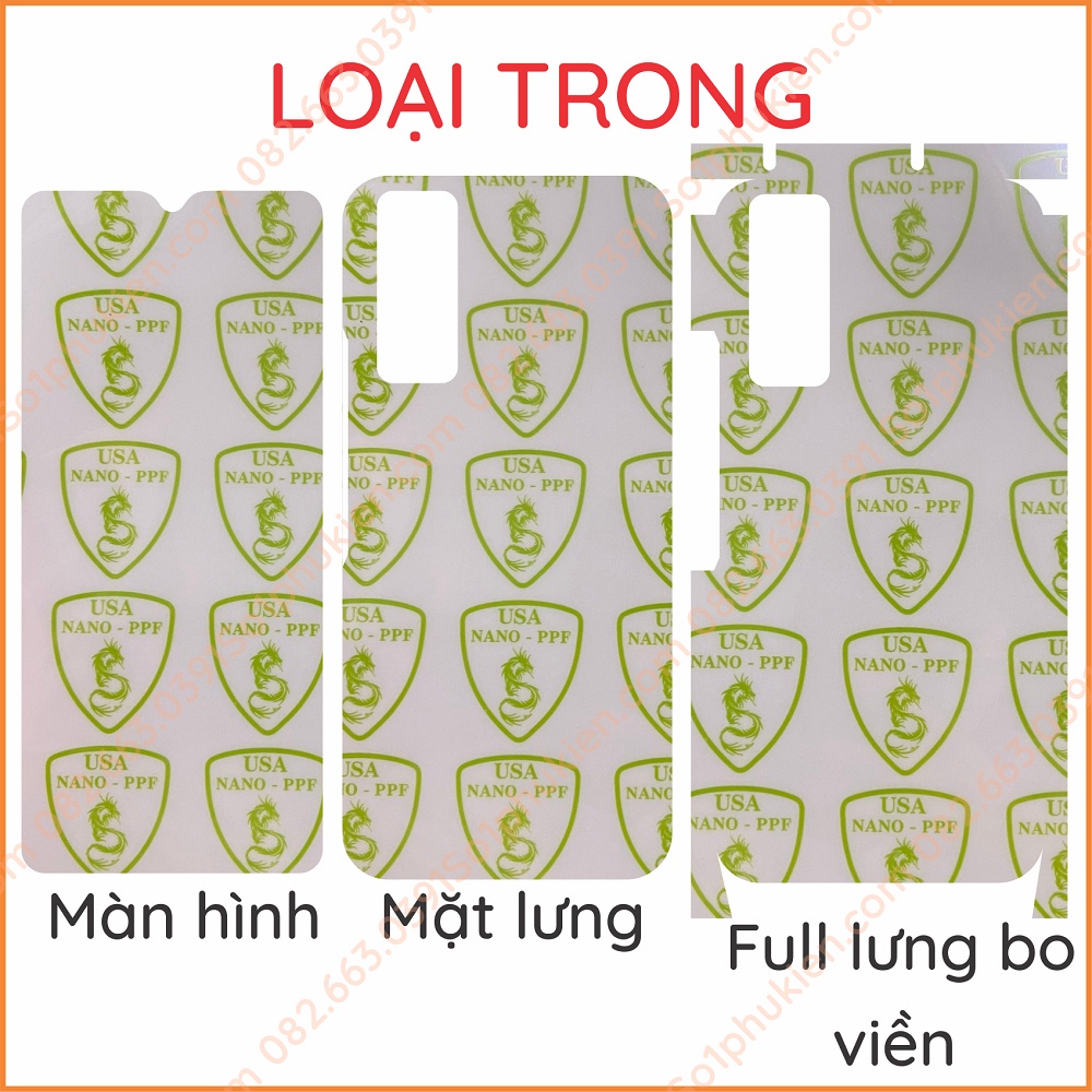 Dán PPF Vivo Y72 5G loại nhám, bóng dành cho màn hình, mặt lưng, full lưng bo viền