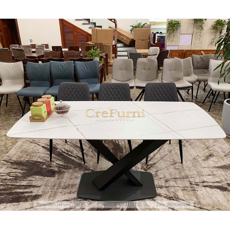 BÀN ĂN MẶT ĐÁ CERAMIC KẾT HỢP CHÂN THÉP SƠN TĨNH ĐIỆN CHỮ X CÁCH ĐIỆU (2 MÀU ĐEN, TRẮNG) | BigBuy360 - bigbuy360.vn