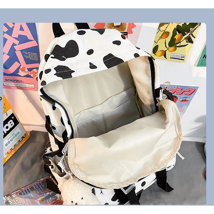 Balo nữ đi học họa tiết bò sữa đáng yêu vải canvas siêu dày dặn loại 1 TẶNG 1 gấu Phuongtuixinh BL05