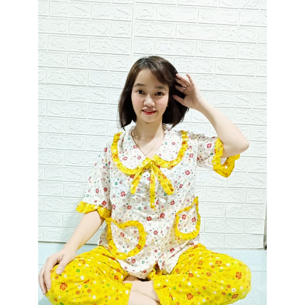 (Hình chụp thật 45-55kg). Bộ mặc nhà tiểu thư pijama lụa hàn tay ngắn quần dài | BigBuy360 - bigbuy360.vn