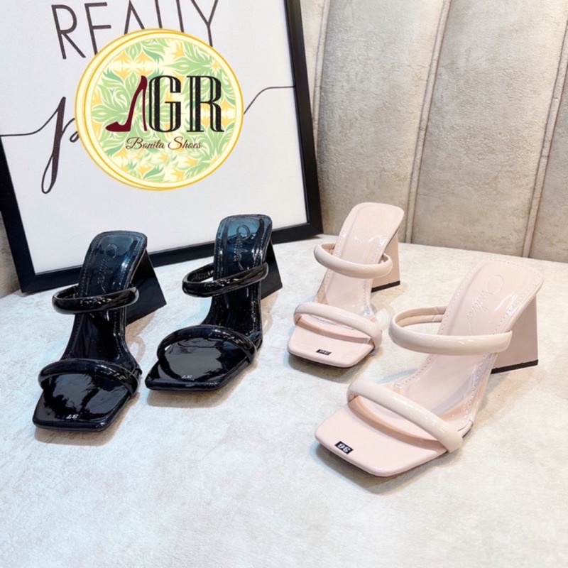 Guốc 2 quai da bóng gót tam giác 7 cm