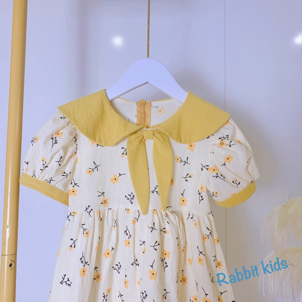 Váy Đi Học Cho Bé Gái Hoa Nơ Cổ Vàng💝FREESHIP💝 Rabbit Kids- Đầm Trẻ Em 0,1,2,3,4,5,6,7,8 Tuổi Chất Thô Cara Mềm Mại