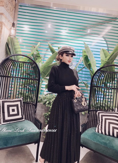 Chân váy dạ nhũ xếp ly dáng dài kèm đai hàng Quảng Châu hot hit | BigBuy360 - bigbuy360.vn