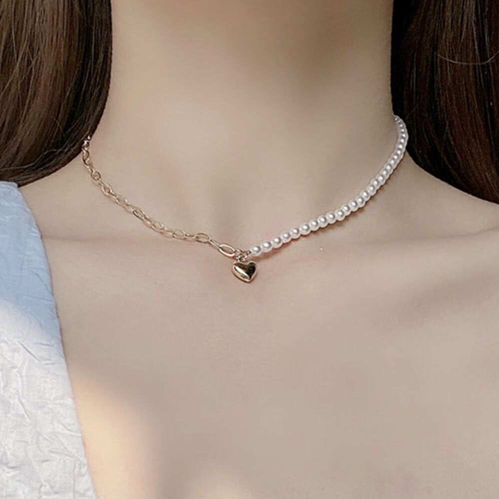 Vòng cổ choker phối chuỗi ngọc trai nhân tạo mặt hình trái tim thời trang