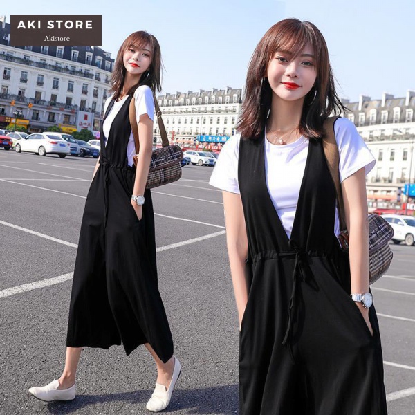 Bộ Áo Liền Quần Màu Đen Ống Rộng Nhấn Eo Phong Cách Mới Mùa Hè Cho Nữ