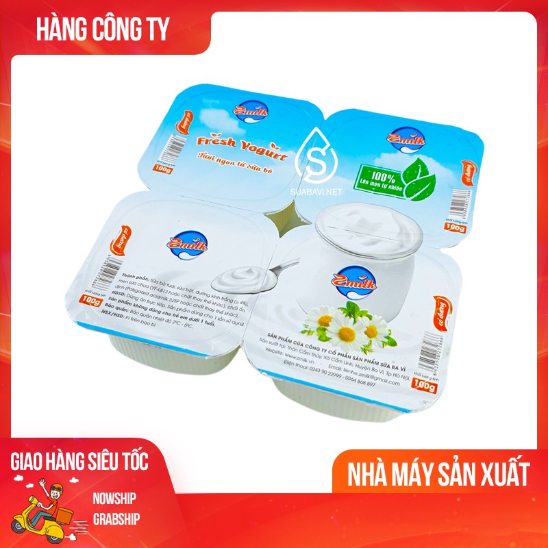 [Mẫu Mới] Sữa Chua Ba Vì Có Đường Vỉ 4 Hộp