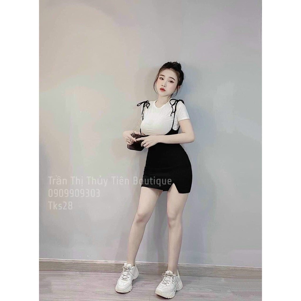 set áo thun tay ngắn mix yếm body xẻ đùi nhẹ xinh l