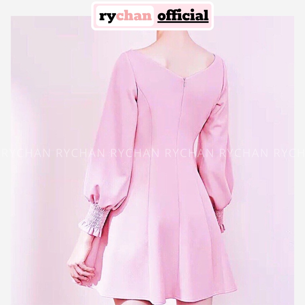 Đầm Công Sở Cổ V Tay Dài Thanh Lịch, Váy Nữ Dạo Phố Xem Phim Hẹn Hò Form Xòe Đáng Yêu Màu Hồng [ẢNH THẬT CUỐI] - DX9762