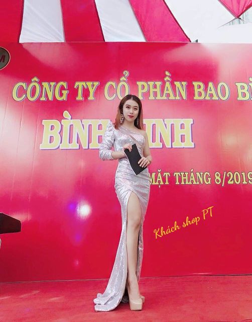 Đầm dạ hội kim sa lệch vai dài tay cao cấp