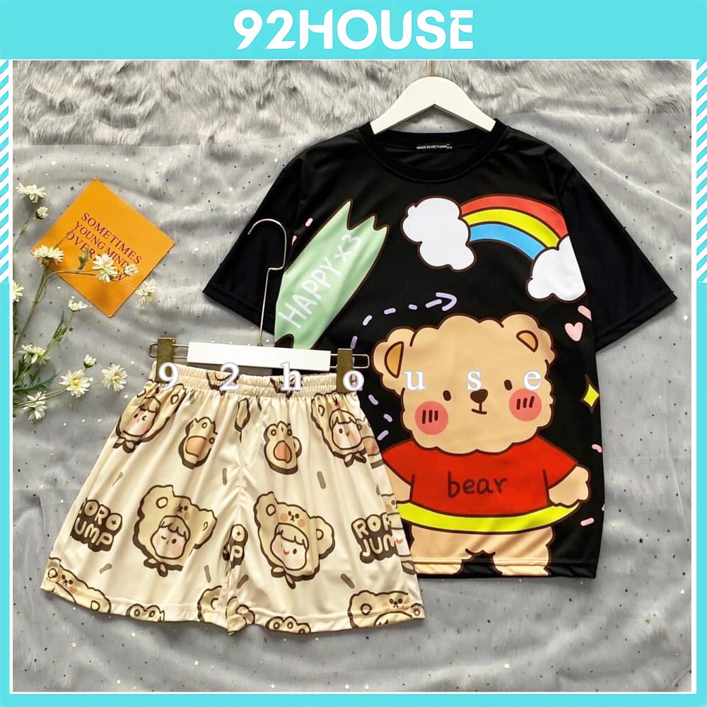 Set bộ unisex / Đồ bộ hoạt hình gấu cầu vồng freesize phông rộng