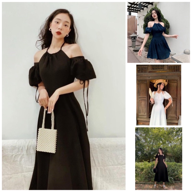 [ Có Bigsize ]Đầm cổ yếm 2 màu đen trắng hot trend mặc tết