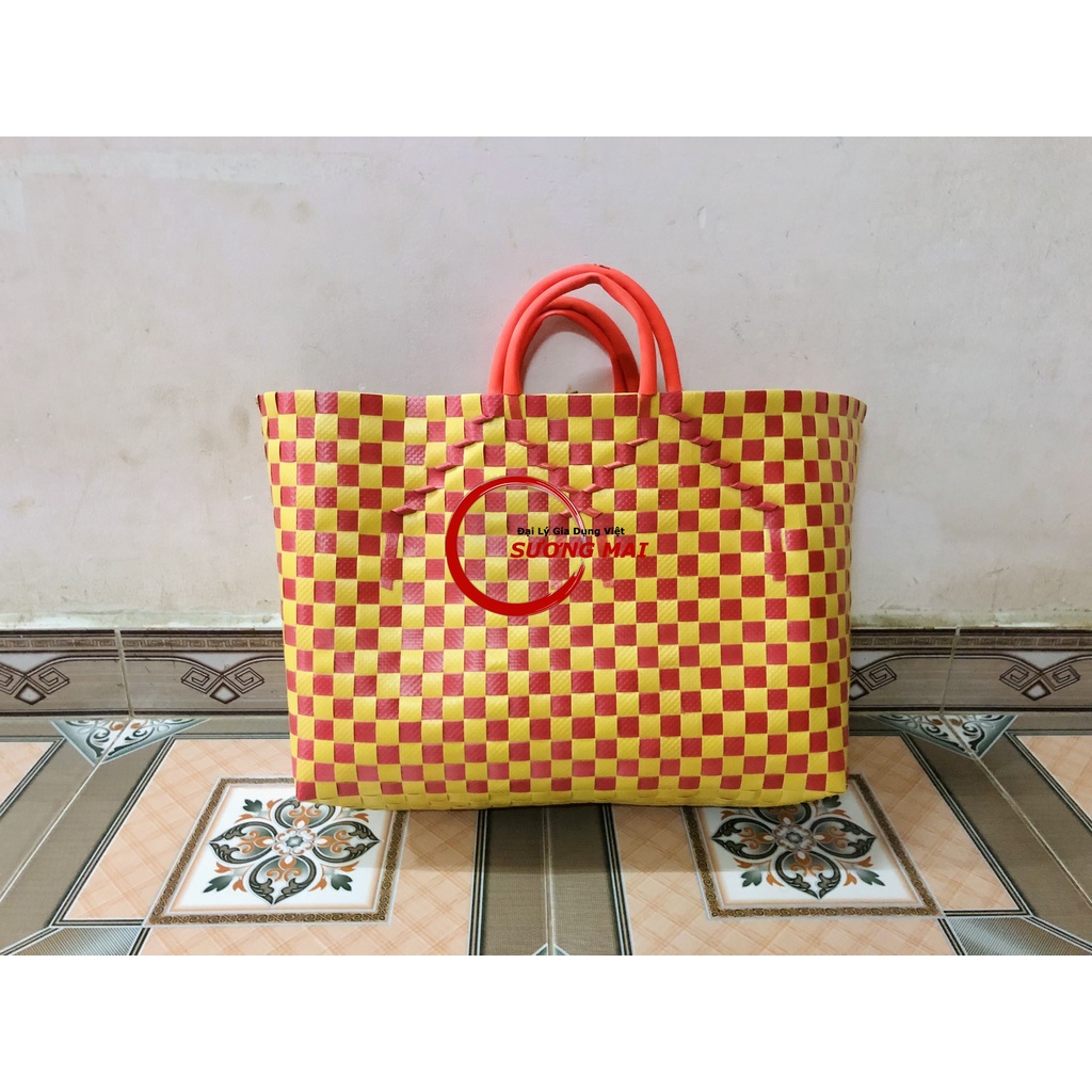 [Giá Sỉ] Giỏ Nhựa Đan 12, Làn Đan Dây Nhựa Rẻ, 4 quai xách Giỏ Đựng Đồ Thủ Công [ Giỏ Đan 12 ]