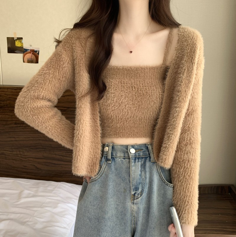 55938 Sling Dệt Kim Mềm + Áo Len Cardigan Hai Mảnh