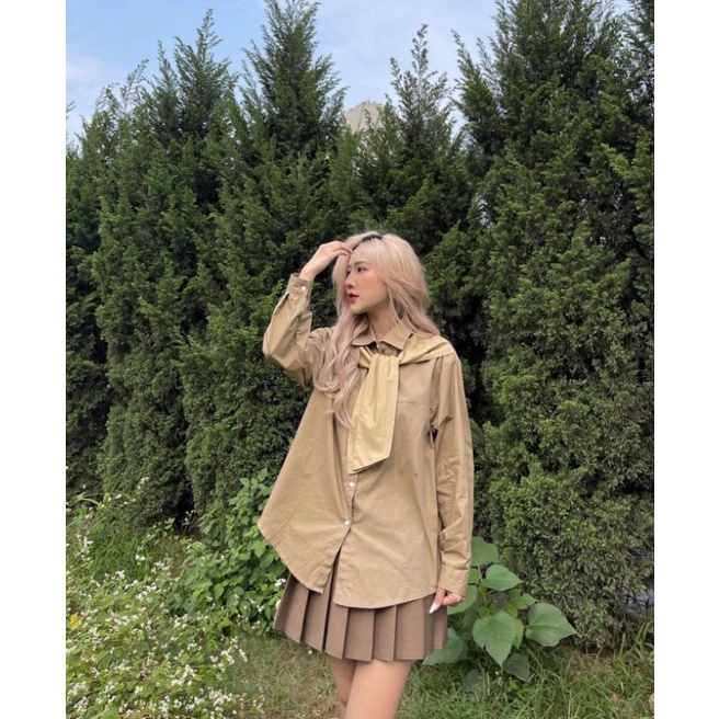 Áo sơ mi thủy thủ khăn liền chất thô nến dài tay form rộng oversize bảng màu vintage Hàn Quốc