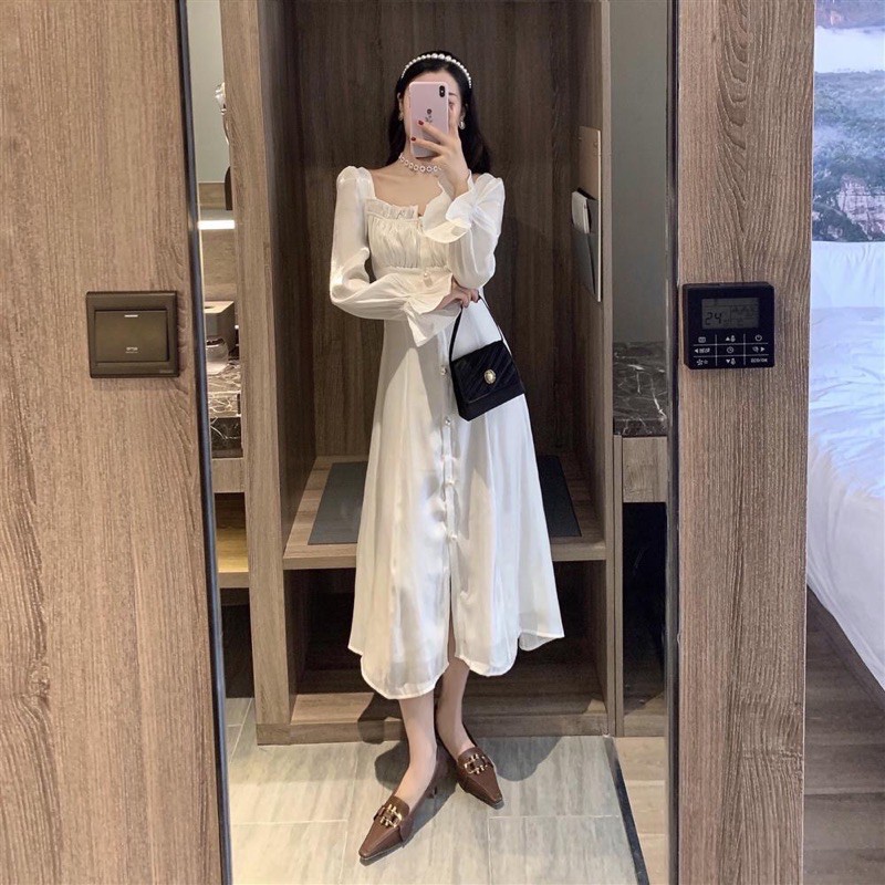 Váy trắng cổ vuông tay dài loe cúc ngọc dáng dài vintage [Ảnh thật 3-9] | BigBuy360 - bigbuy360.vn