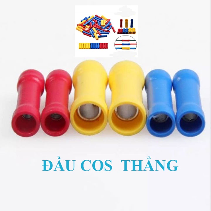 [100 cái] Đầu cos dây điện nối thẳng bọc nhựa BV 5, đầu cốt bấm dây 4mm 6mm, cosse (cót) đồng