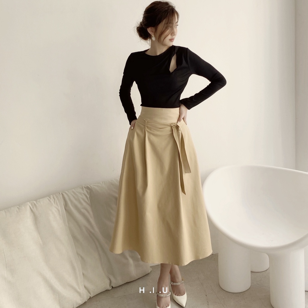 Chân váy midi nâu nhạt H.I.U ROOM dáng dài kèm đai thắt, style hàn quốc HIU design 2021. | BigBuy360 - bigbuy360.vn