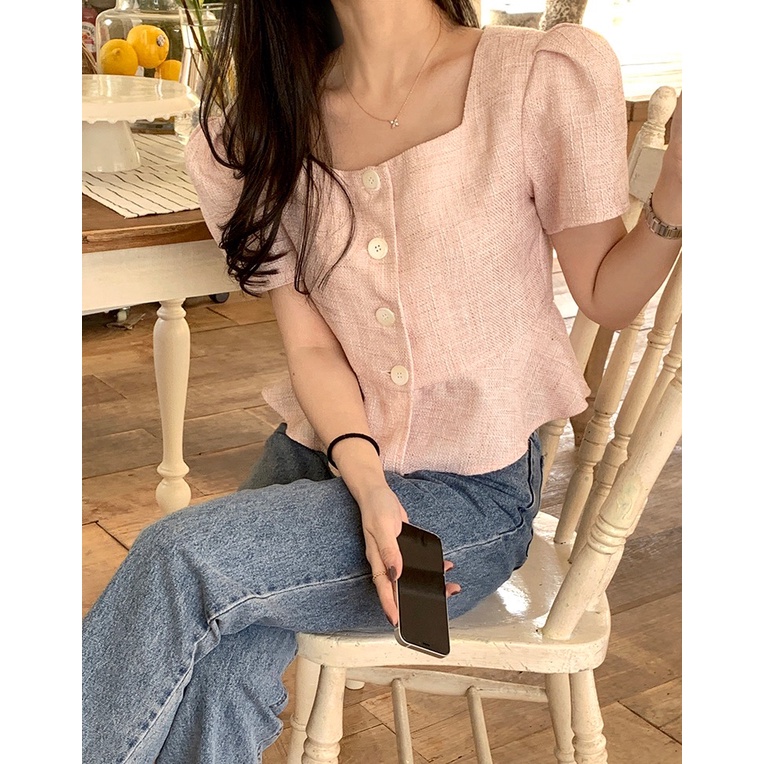 Áo Kiểu Tay Phồng Ngắn Cổ Vuông Thời Trang Hàn Quốc Xinh Xắn Cho Nữ