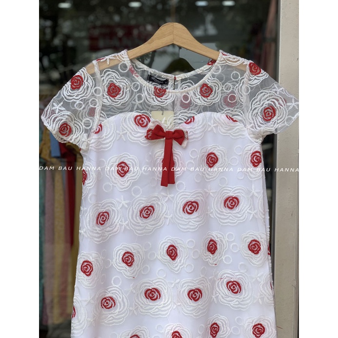 [HANNA] Đầm bầu ren đi tiệc giá rẻ có size 80kg dài qua gối sang lịch sự vải mát 2 lớp có túi bên sườn có dây nơ cột sau