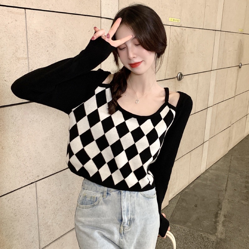 Áo dệt kim trễ vai giả hai lớp họa tiết sọc caro thời trang cho nữ