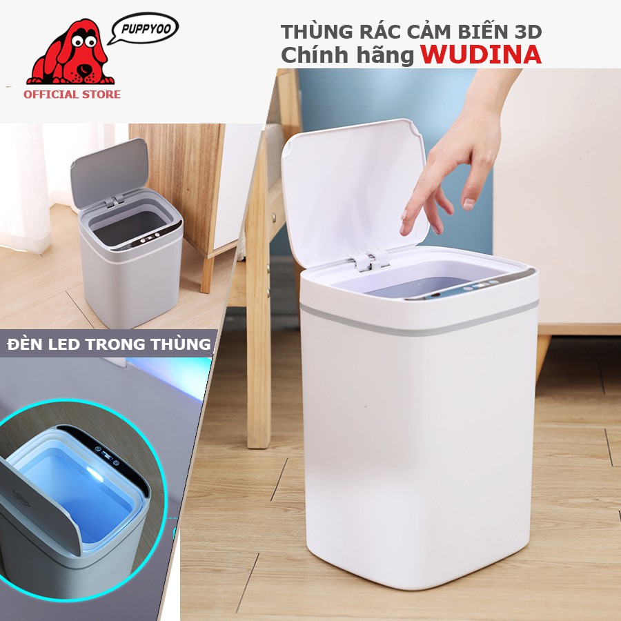 Thùng rác thông minh cảm ứng 3D Wudina dung tích 13L mở nắp tự động bật đèn Led chiếu sáng cảm ứng chỉ sau 0.3s