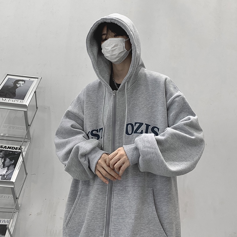 Áo khoác cardigan thể thao dây khóa kéo có mũ trùm phối nhung thời trang xuân thu phong cách cổ điển kiểu Mỹ cho nam