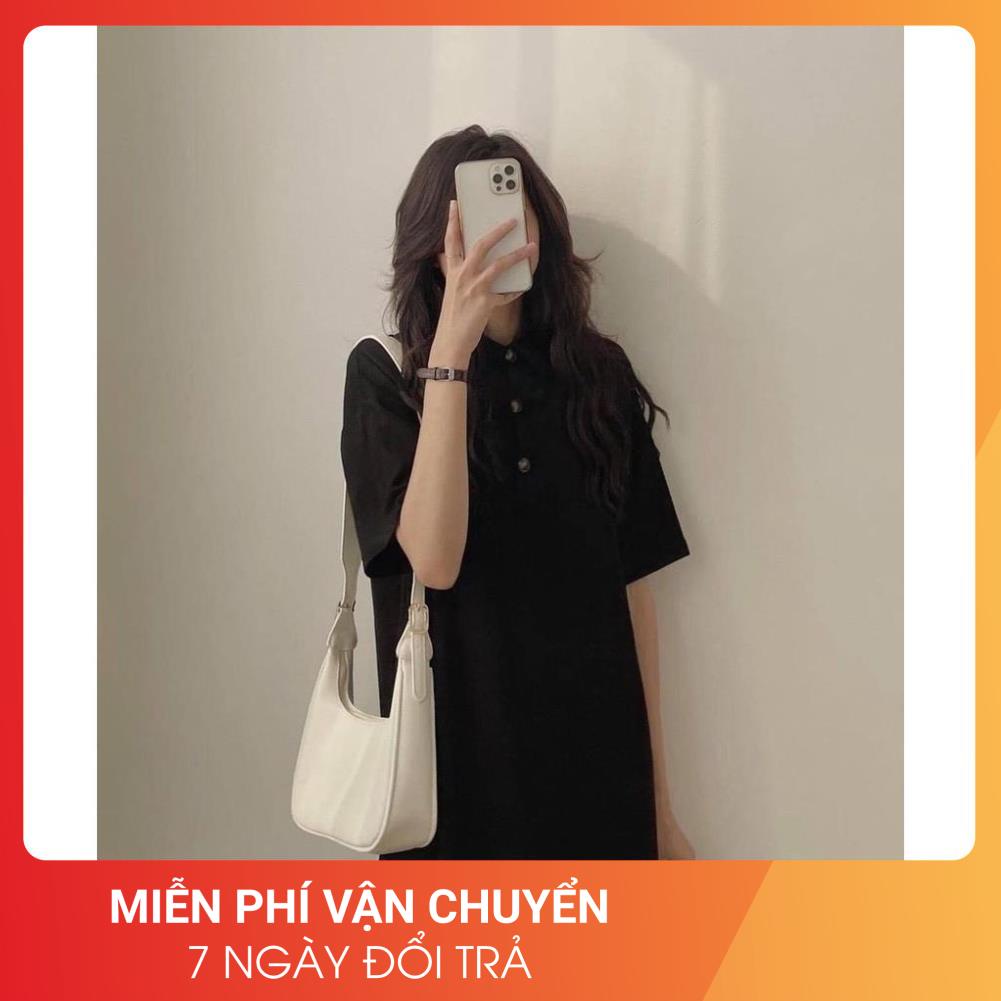 Váy Polo Đen Phối Cúc Đồng 24AP Nữ [FREESHIP] 🌸 Đầm cổ bẻ dáng suông tay lỡ form rộng học sinh vintage đẹp Ulzzang 🌸 | BigBuy360 - bigbuy360.vn
