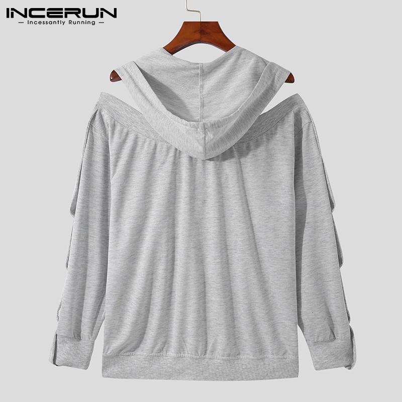 Áo sweatshirt INCERUN tay dài thiết kế khoét lỗ thời trang màu trơn có mũ trùm cho nam