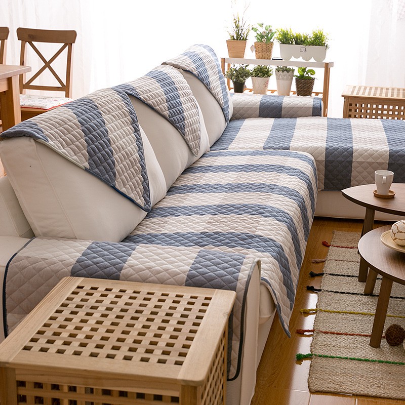 Thảm Trải Ghế Sofa Vải Cotton Kẻ Sọc Kiểu Địa Trung Hải Chống Trượt